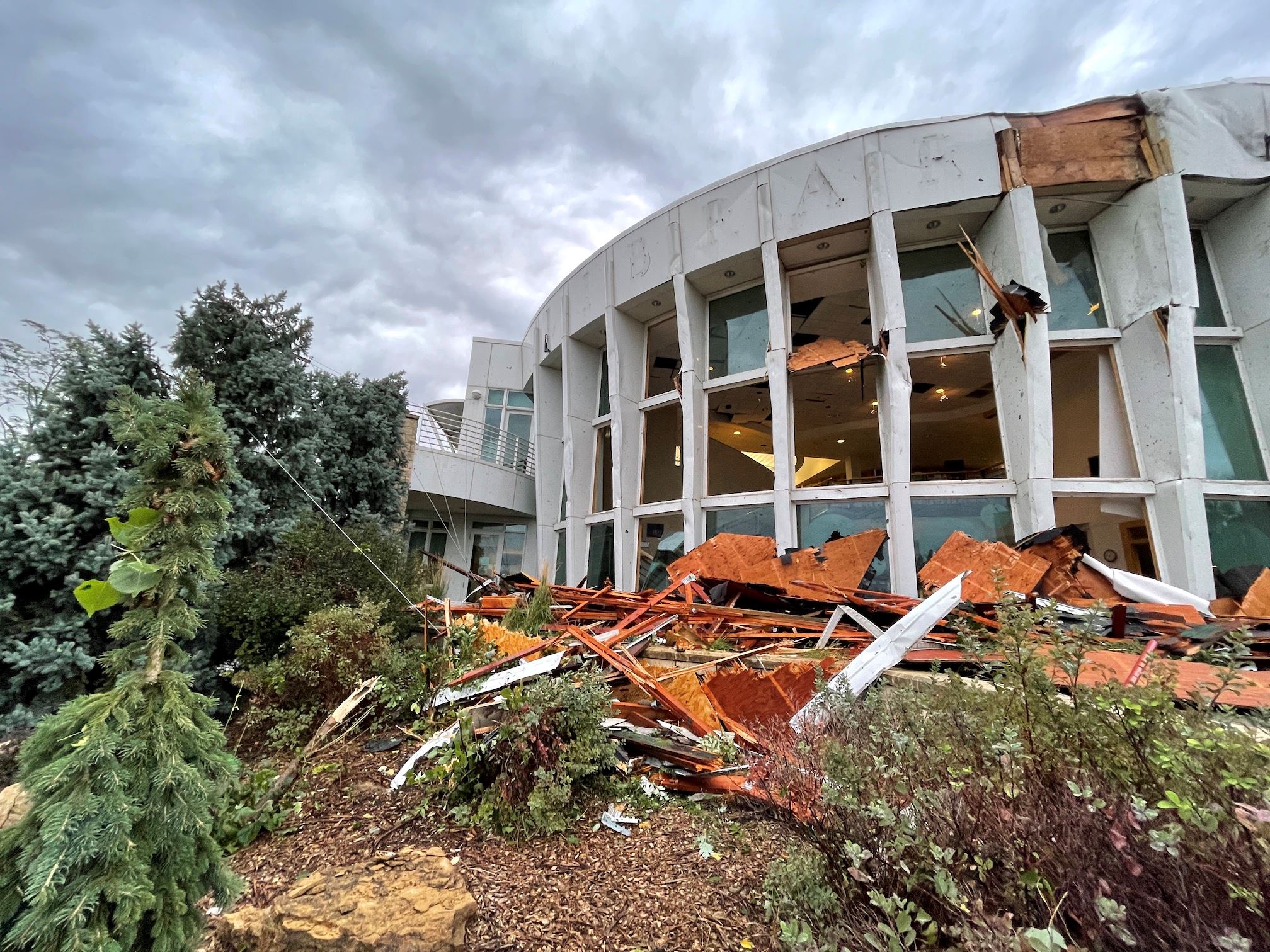 Damage to the Front of the Hudson Library from a Storm