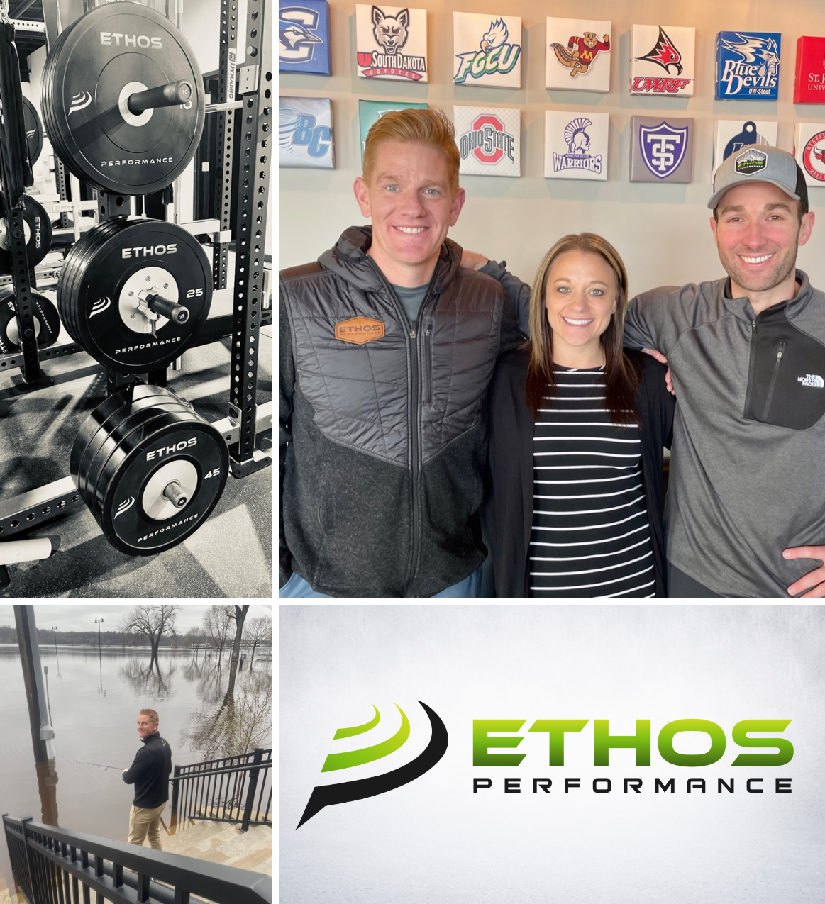 Images of Ethos logo, weight bench, and owners. 